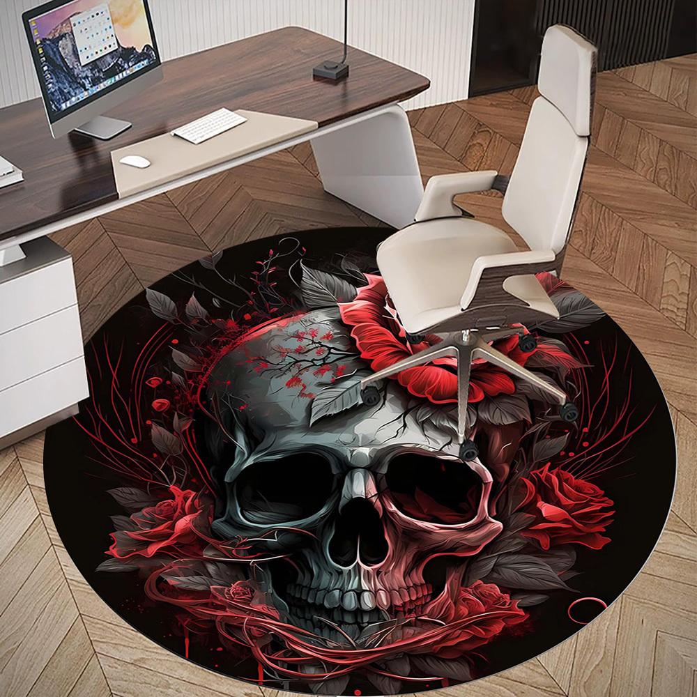 1pc Skull Rose Round Chair Mat Area Rug - Non-Slip, Floor Mat for Office, Bedroom, and Indoor Decor C1125632