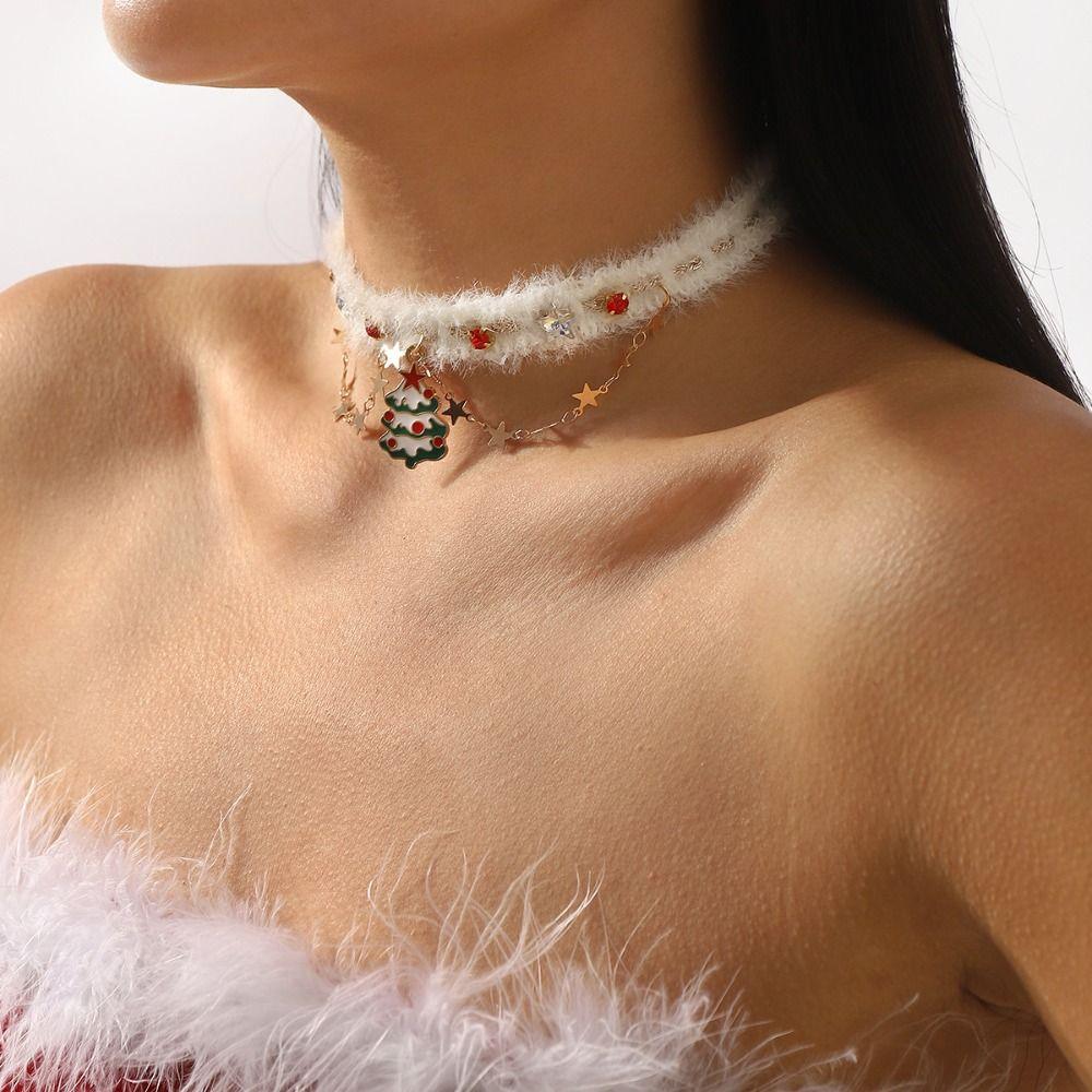 Sweet Bow Pendant Necklace Hairball Xmas Clavicle Chain Christmas Plush Choker  Jewelry Accessories