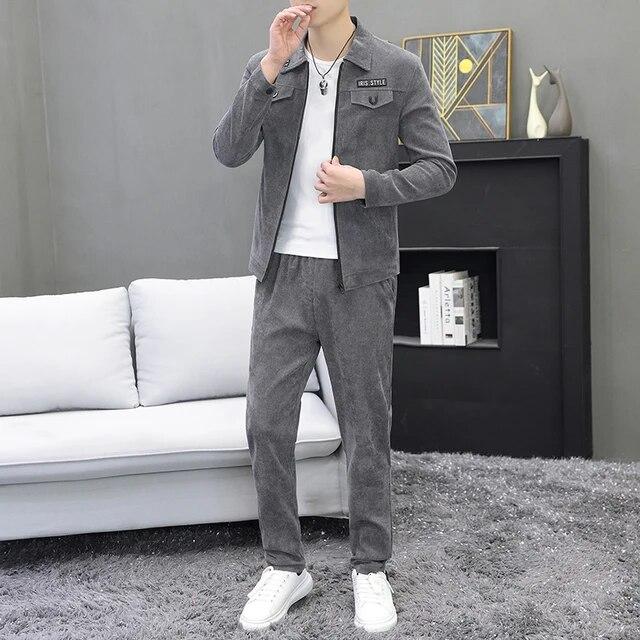 

Мужской осенний повседневный вельветовый спортивный костюм - Набор из 2 предметов с длинными брюками и курткой с карманами XXXL серый