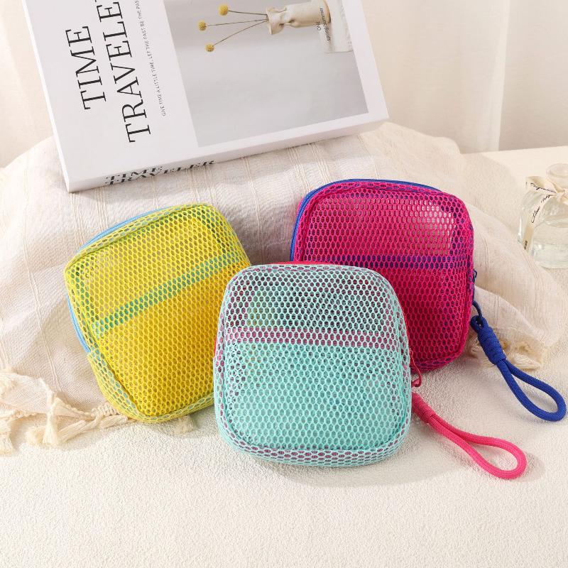 Candy Color Square Mesh Cosmetic Organization Storage Bag With Zipper Portable Sundries Pouch For Travel With Rope 1Pc