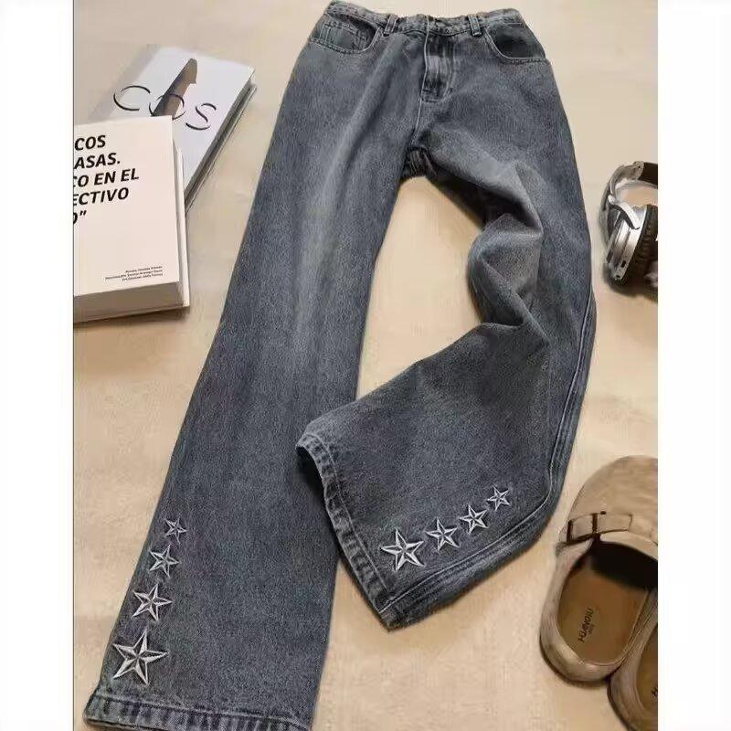 Summer American High Street Embroidery Star Jeans Men's Design Trendy Brand Fried Street Loose Straight Pants