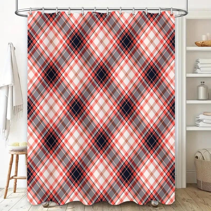 Red White Plaid Shower Curtain Waterproof Fabric Bathroom Decor Printed Customizable Home Decoration (Size72x84)