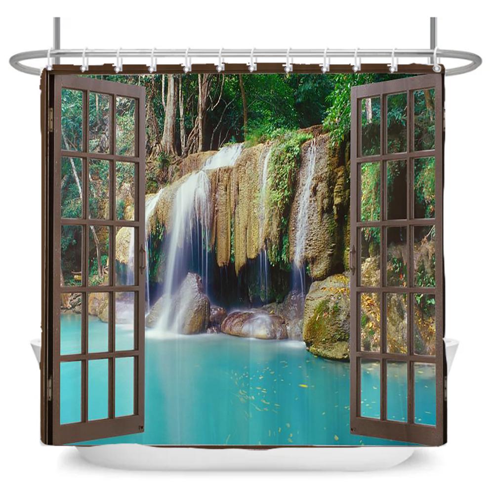 3D Forest Waterfall Landscape Bath Curtain Window Scenery Curtain Spring Nature Rainforest Shower Curtains for Bathroom Decor