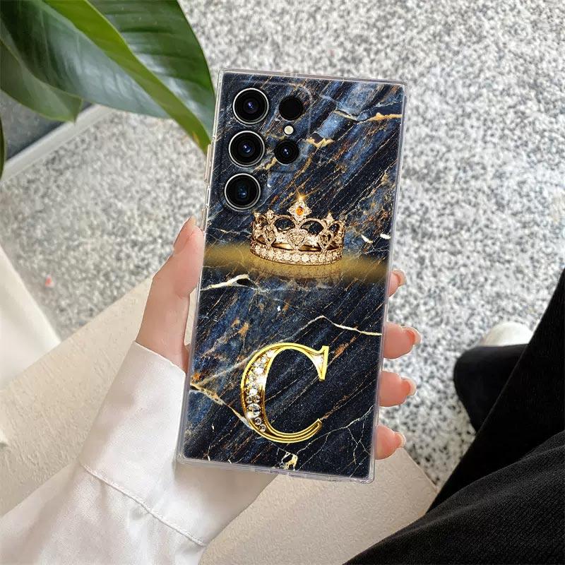 Initial Letter E M I J L Phone Case For Samsung Galaxy S24 S23 Ultra S22 S20 Plus S21 FE Clear Cover Fashion Marble Crown Fundas