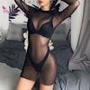 Lace Lingerie Sexy Hot Erotic Solid Color Babydoll Sleepwear Long Sleeve See Through Sheer Nightwear Bodycon Dress