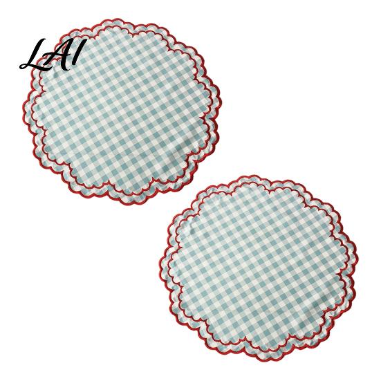 Heat Proof Mats for Dining 2Pcs Round Plaid Fabric Placemats Scalloped Tableware Coasters Resistant Plate Washable Place Table Tea Party