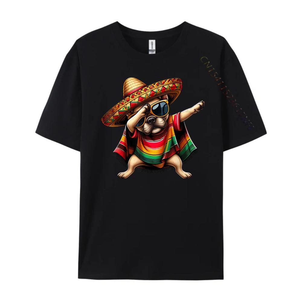 Dabbing Frenchie Dog Sombrero Mexican Poncho Cinco De Mayo Graphic T Shirts Men Cotton Camisetas  Breathable