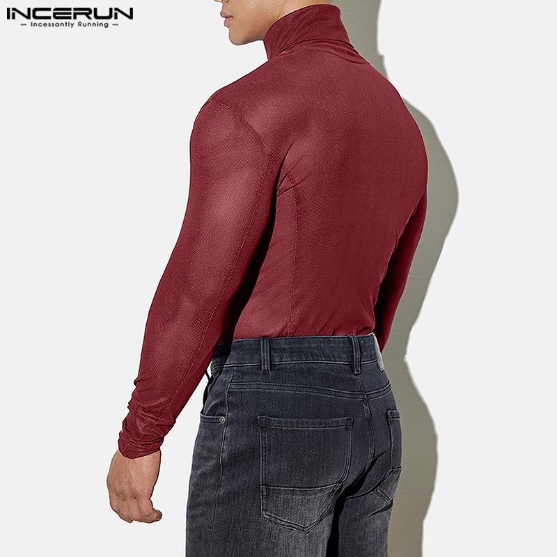 INCERUN Men Turtleneck Long Sleeve Mesh Skinny Tops See Through T-shirts Undershirt