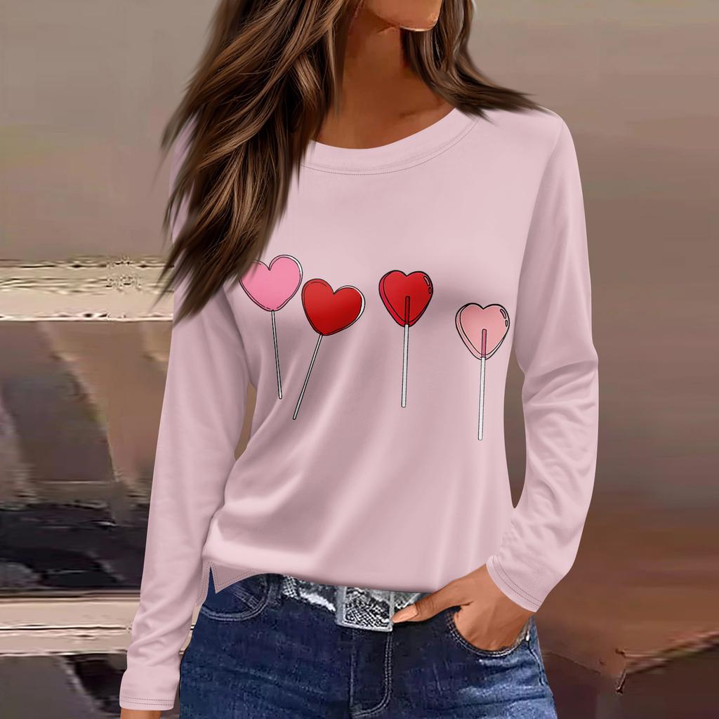 Women's Fashion Casual Slit Hem Round Neck Long Sleeve Loose  Printed T-Shirt Ladies Top