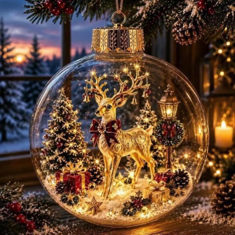 Pallina di Natale in Materiale Acrilico D9 con Design Trasparente e Pendente di Babbo Natale con Luce, Dimensione 8CM, Decorazione Natalizia da Appendere