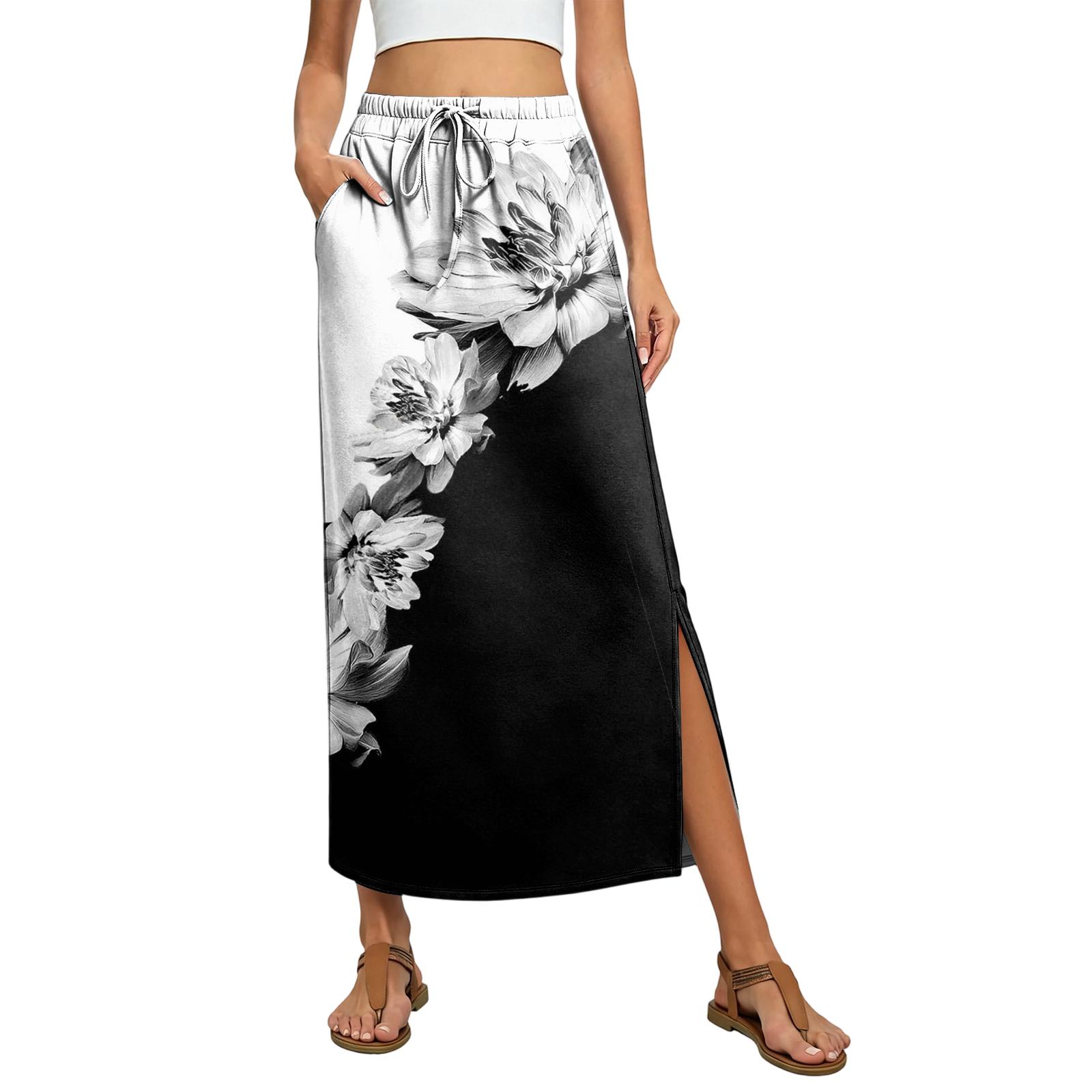 

Ladies floral elastic waist drawstring pocket skirt XL білий