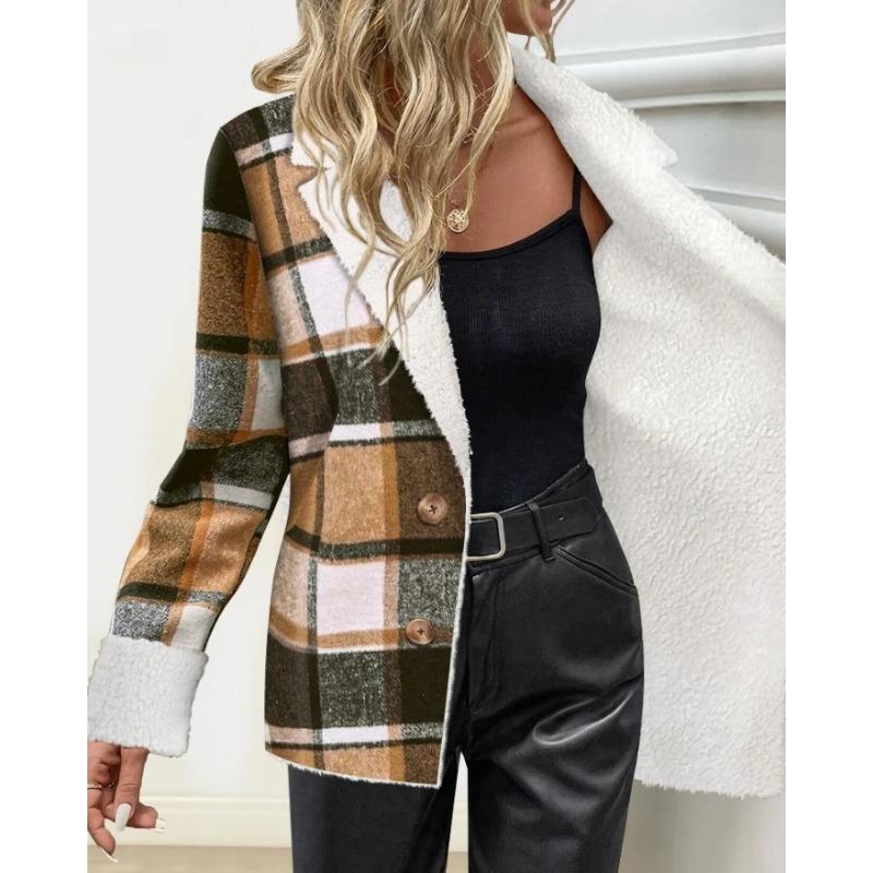 Giacca da Donna Moda Autunnale Fantasia a Quadri Collo a Tacche Manica Lunga Blazer Chiusura a Bottoni Foderata in Pile Cappotto Casual Quotidiano