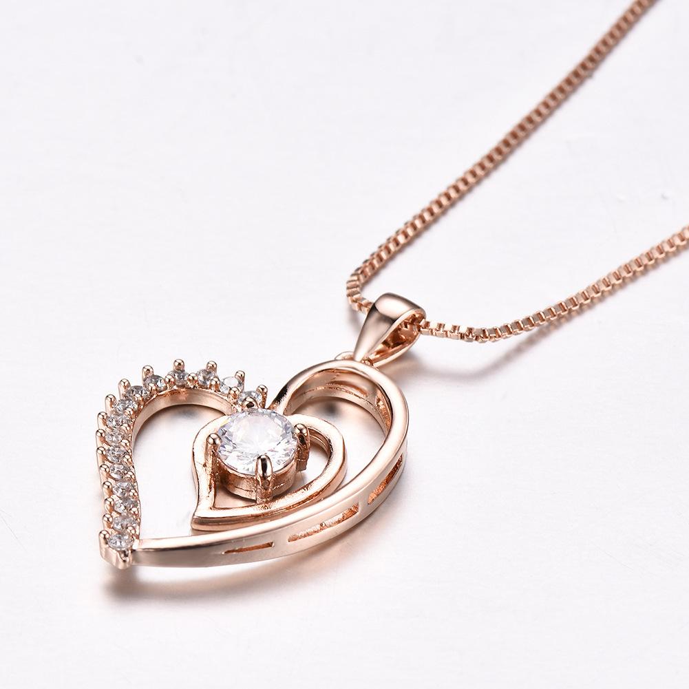 Versatile Japanese and Korean Silver Rose Gold White Diamond + Double Love Women's Necklace