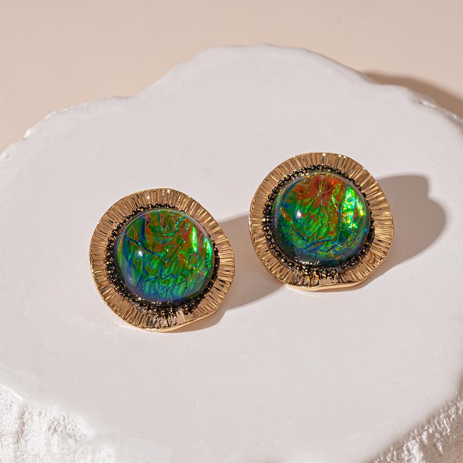 Retro old resin round geometric silver needle stud earrings French simple Internet celebrity earrings