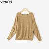 VONDA Autumn Winter Women Scoop Neck Long Sleeve Knitted Hollow Sweater Jumper Tops