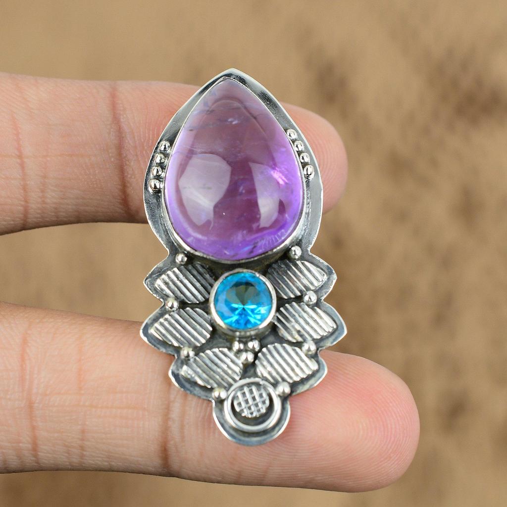 Sterling Silver Natural African Amethyst Swiss Blue Topaz Mother Pendant Jewelry
