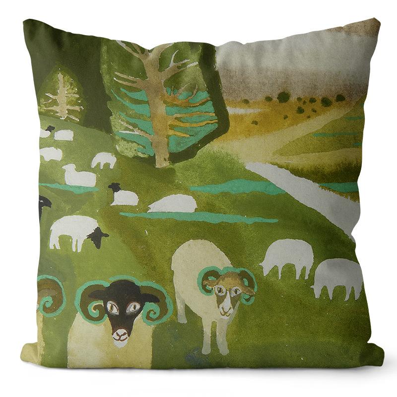 Art Oil Painting Pillow Cover Pastoral Forest Green Flower Home Light Luxury Pillow Sofa Car Bedside Cushion Cover
