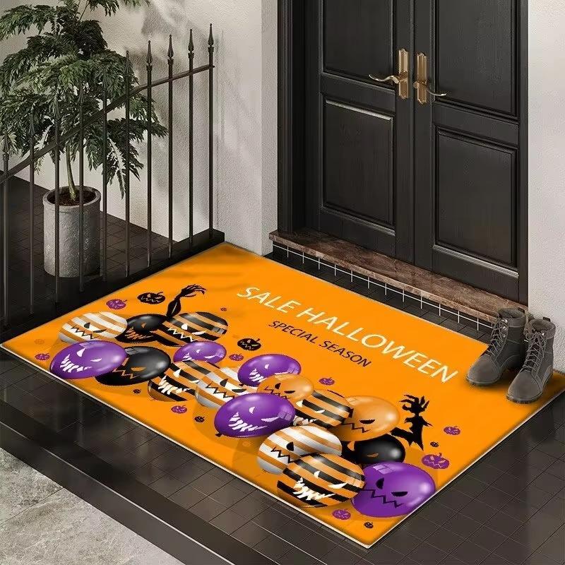 Halloween Themed Door Mat With Spooky Patterns Like Pumpkins Bats Black Cats Witches Non Slip Durable Entrance Rug