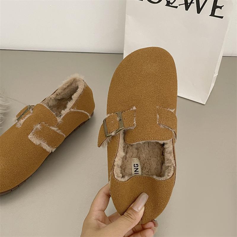 UI Retro Velvet Round-headed Beanie Shoes for Women's Winter New One-pedal Soft-soled Warm Niche Cotton Slippers