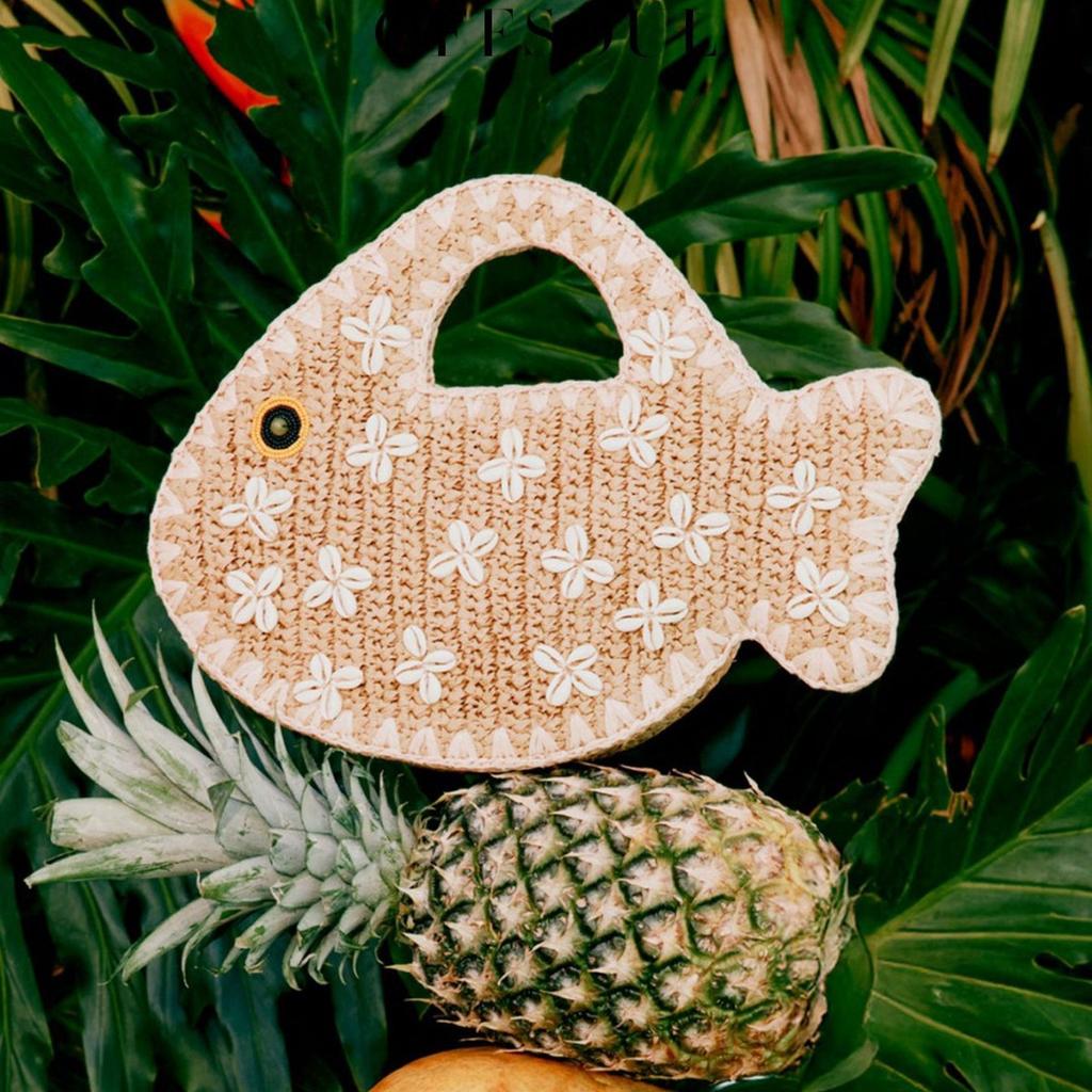 Printed Embroidery, Small Fish Grass Woven Handbag, Beach Vacation, Retro Woven Handbag, Women's Handbag