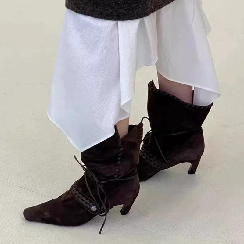 Sheepskin Version~ Nomadic Niche Suede Small Square Head High Heel Western Cowboy Boots Women's Pleated Thin Boots Medium Boots