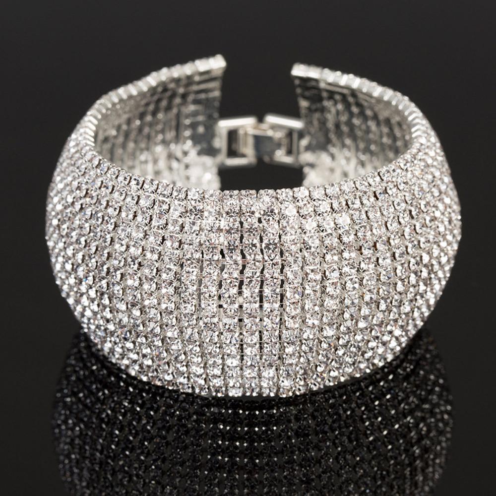 Новый блестящий массивный серебряный браслет Аксессуары для ювелирных изделий Золотой цвет Хрустальный браслет Серебряный цвет Вечерний браслет-манжета Браслет со стразами серебряный