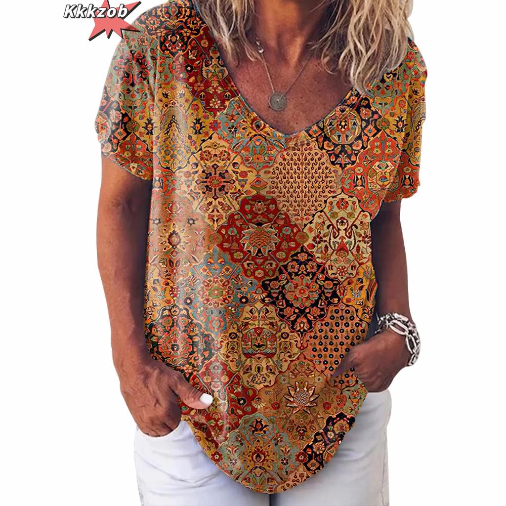 Vintage Print Top Women Short Sleeved Streetwear Summer Tee Women's Fashion Casual V Neck T Shirts Y2k Oversized Female Clothing