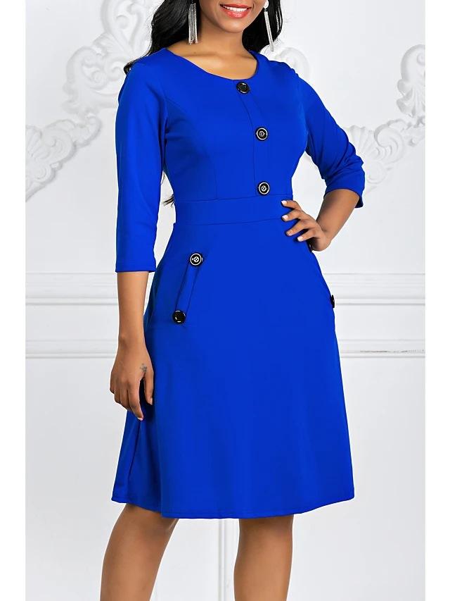 Dámské podzimní a zimní jednobarevné šaty s kulatým výstřihem, tříčtvrtečním rukávem a knoflíkem v pase