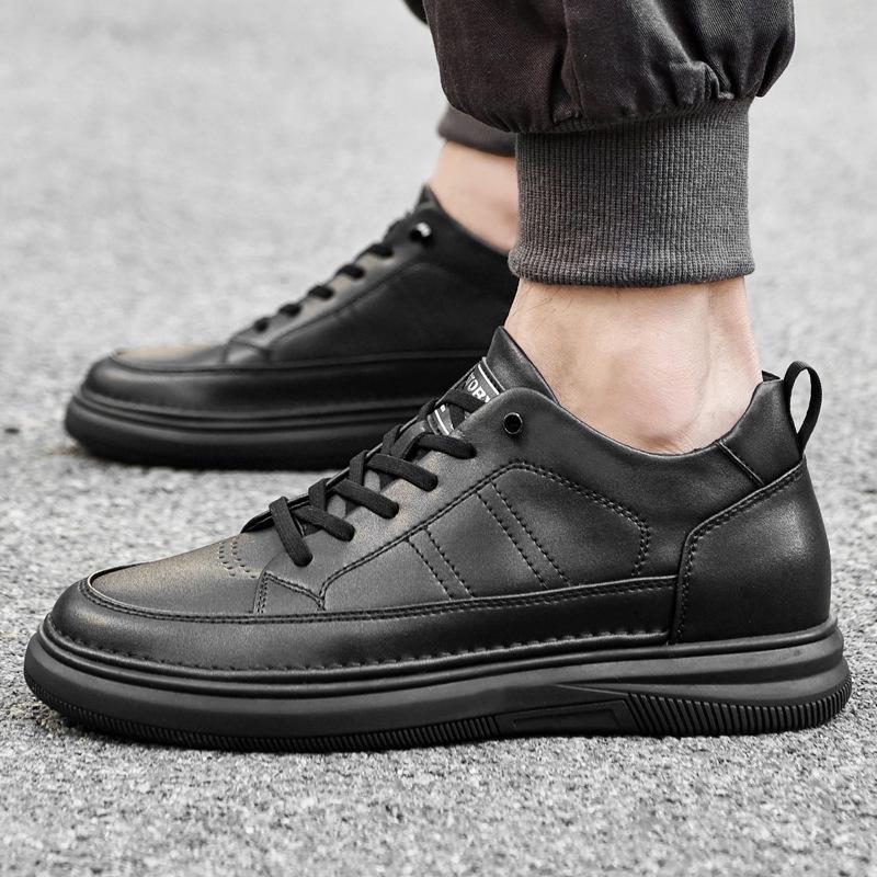 Men's Height-Increasing Platform Sneakers - Thick Sole, Cowhide White, Low-Top, Casual Sports Shoes for Spring