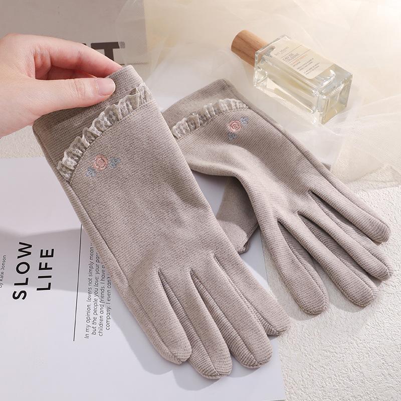 Warm Gloves Single Layer Women's Elegant Lace Houndstooth Outdoor Riding Cold Proof and Wind Proof Touch Screen Autumn and Winter Gloves