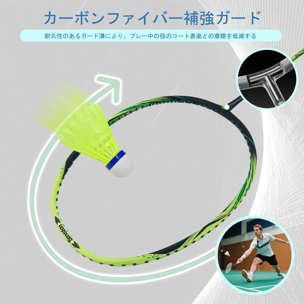 Senston Badminton Carbon Alloy Badminton Racket and 6 Yellow and Green Set, 2-Piece Shuttlecocks,