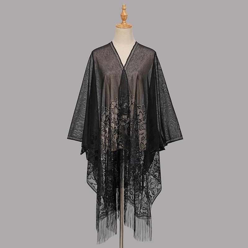 Autumn and Winter New Solid Color Lace Hollow Fringed Polyester Vest Long Elegant Women's Versatile Cheongsam Shawl