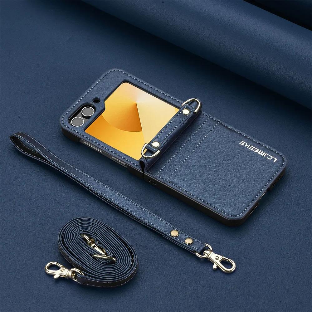 Crossbody Wallet Case For Samsung Galaxy Z Flip 6 5 4 3 Flip6 Flip5 Flip4 Flip3 5G Card Holder Hand Strap Lanyard Leather Cover