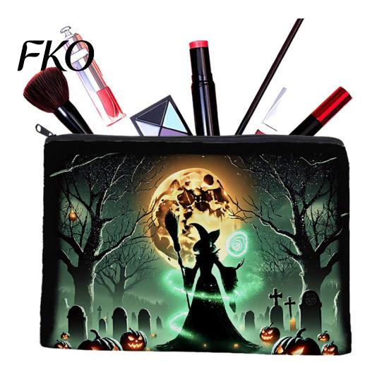 Dark Theme Zipper Bag Storage Bag, with Halloween Witch Castle Print, Large Printed Canvas Organizer Capacity Cosmetic Organizer, for Travel