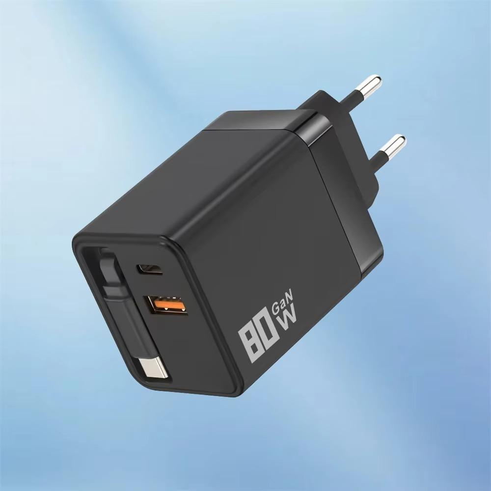 Retractable Cable Fast Charger 80W Power USB C Charger 3 in 1 PD Fast Charging Travel Use