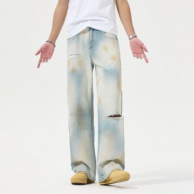 Retro-Lack Hellblau Ripped Micro-Flare Jeans Wasteland-Stil Lockere Schmutzige Hosen