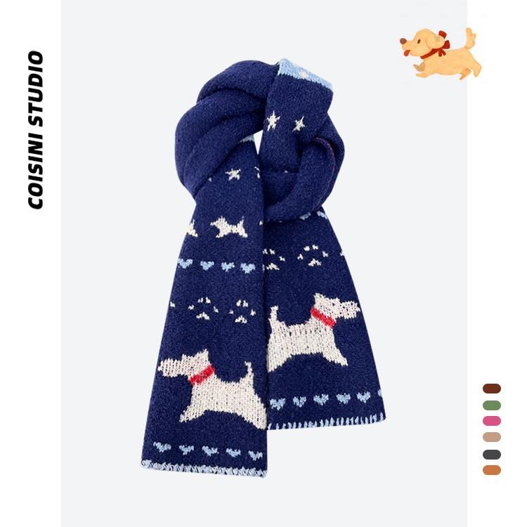New Japanese Style Cute Puppy Navy Blue Knitted Scarf for Women To Keep Warm in Winter and Versatile for Student Couples Woolen Scarf