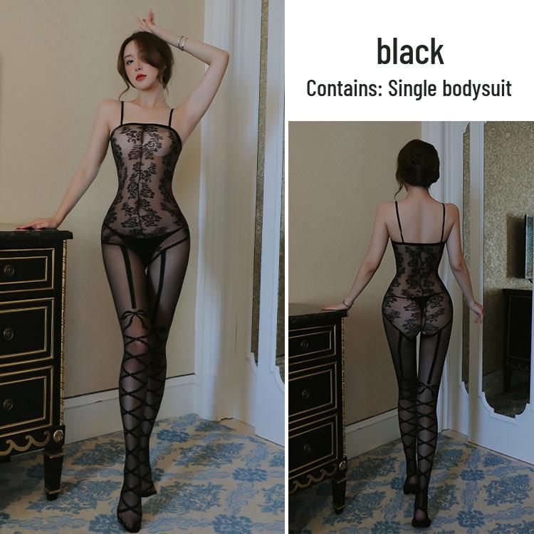 Seductive Black Transparent Lingerie: Sexy Bodysuit & Stockings for Women