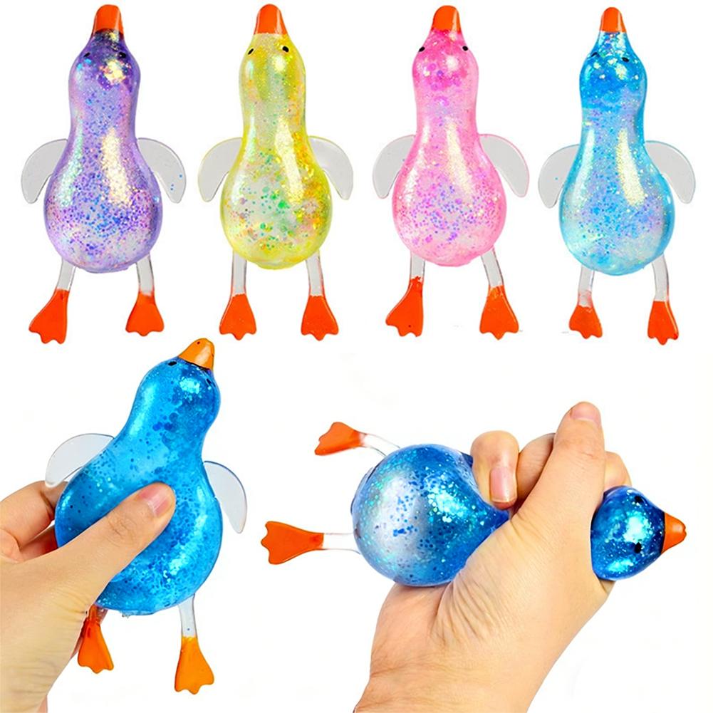 Glitter Duck Squishy Stress Relief Toy | Tpr Material | Random Color | Soft Squeeze Fidget Toy For Anxiety Relief | Portable