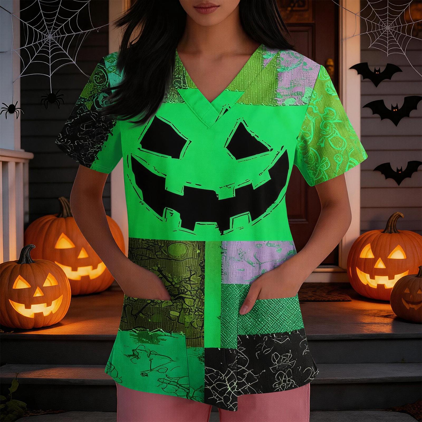 Women s Loose Fit Costume V-Neck Short Sleeve Side Slit Top with Halloween Print M