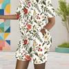 Women Plus Size Yellow White Printed Round Neck Short Sleeve Top Pocket Shorts Two Piece Set