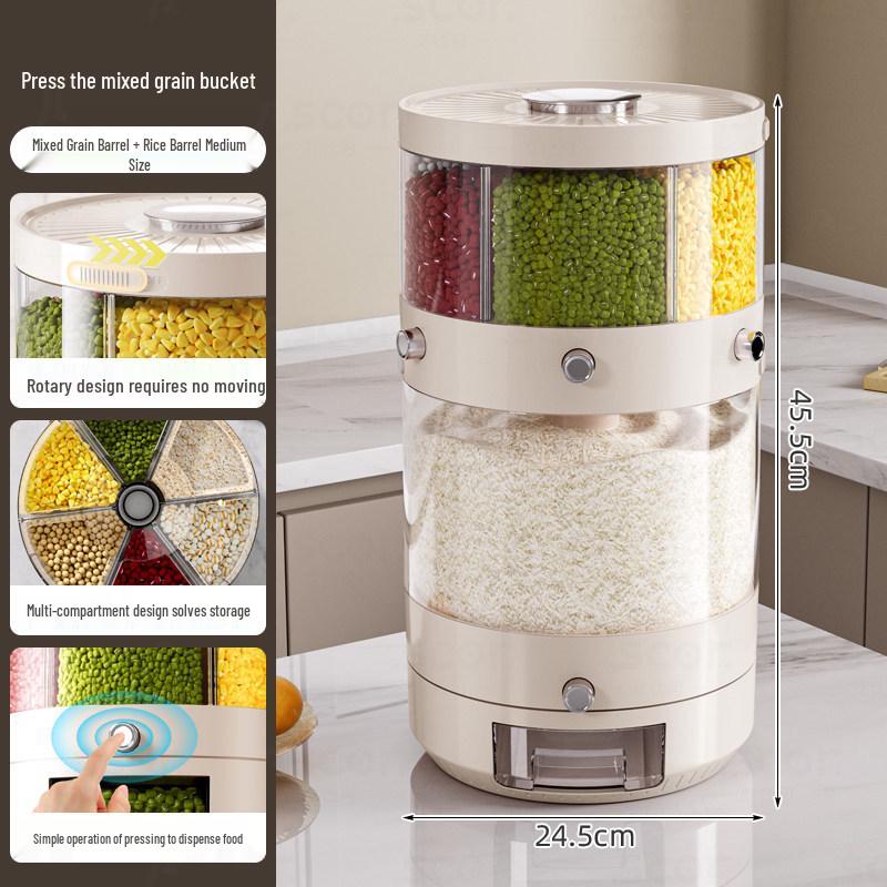 Rotatable Household Rice and Grain Storage Box: Insect & Moisture-Proof, Sealed, Compartmented Bucket