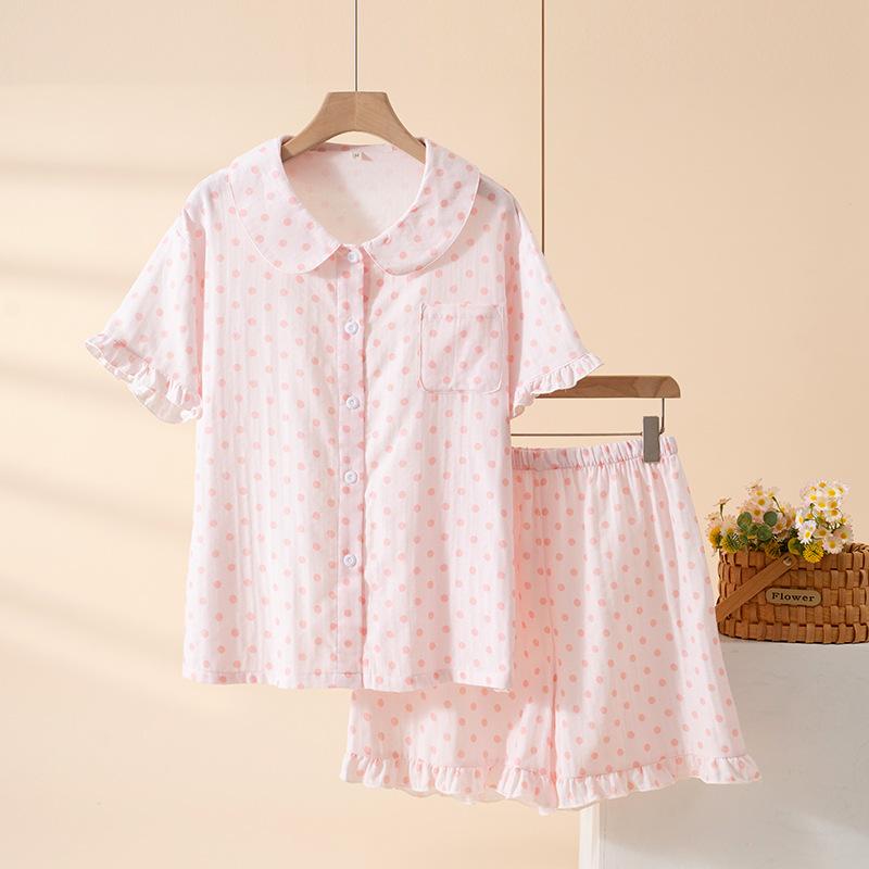 Polka dot pajamas women's summer pure cotton two-piece set doll collar short-sleeved shorts sweet student loungewear can be worn outside