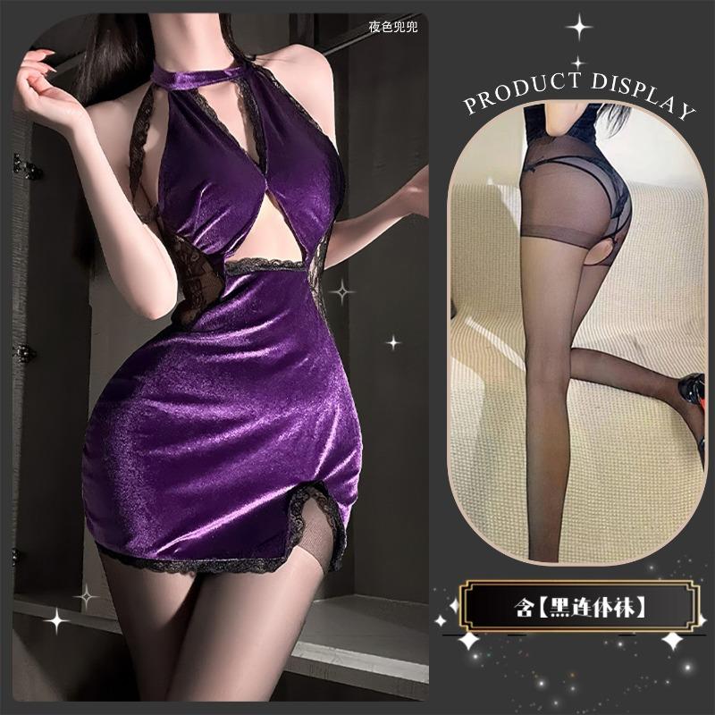 Sexy underwear sexy hot lace splicing velvet temperament gathering and thin purple classical neck cheongsam