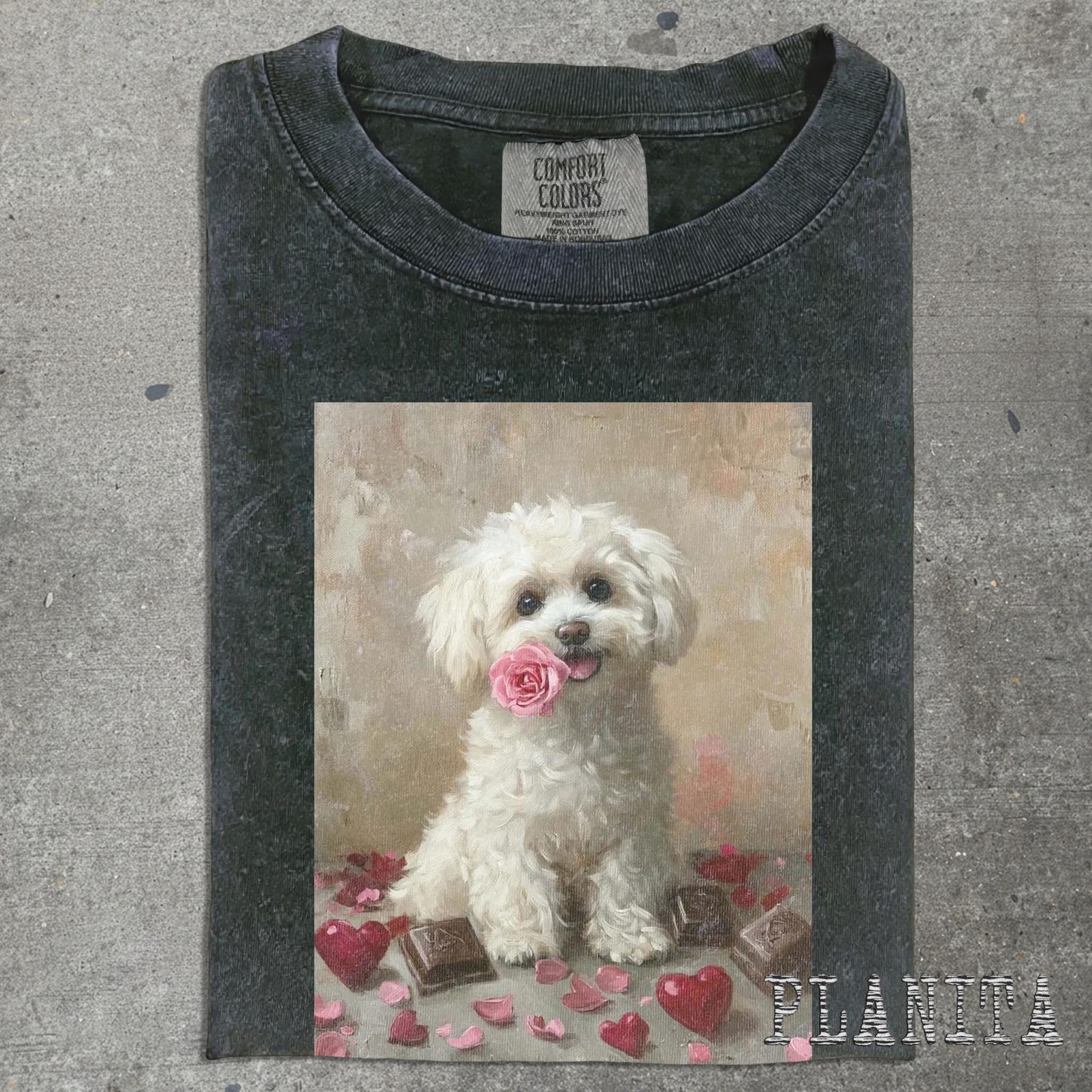 White Fluffy Dog with Rose T-shirt | Valentine Puppy Heart Art 3XL