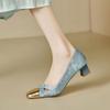 Summer Women's French Elegant Hollow Square Toe Block Heel Pumps, Blue Gold Cross Strap Vintage Mid Heel Dress Sandals