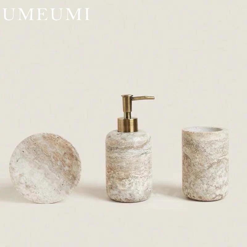 Natural Bathroom Natural Marble Set Gray Travertine Soap Bottle Toothbrush Holder Stone Home Decoration