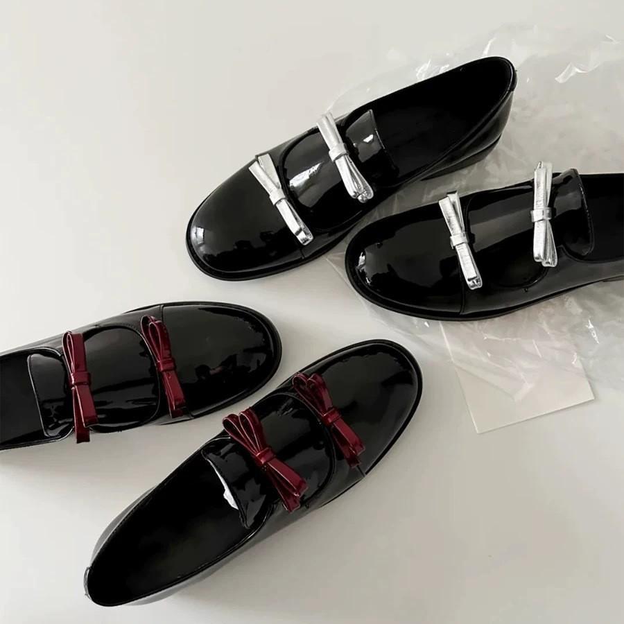 Retro Leather Double Bow Small Leather Shoes Women's 2025 Spring New Thick Heel Round Head Loafers Mary Jane Single Shoes