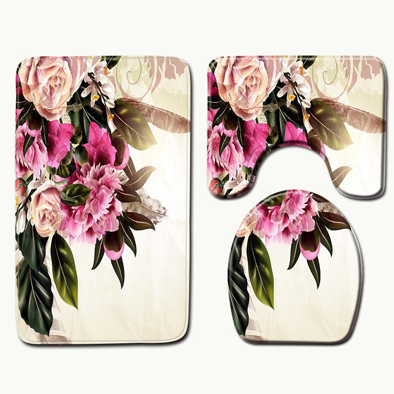 Peony Toilet Three-Piece Bathroom Floor Mat Doormat Combination