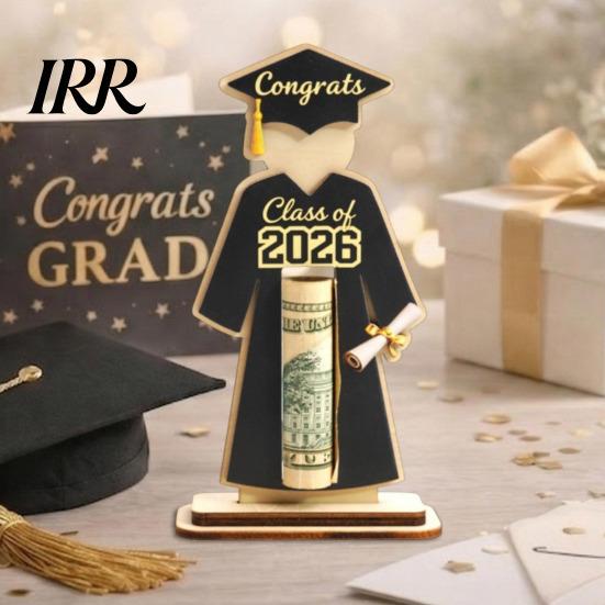 Wooden Cash Holder Graduate Cap and Gown Wallet Solid Wood Bachelor's Uniform Shape Graduation Money with Class of 2026 Logo Detachable Base Ornament